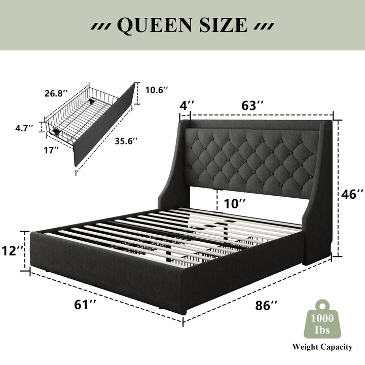 Feonase Queen Bed Frame with 4 Storage Drawers, Upholstered Storage Bed with Charging Station, Tufted Wingback Headboard, No Box Spring Needed, Dark Grey 