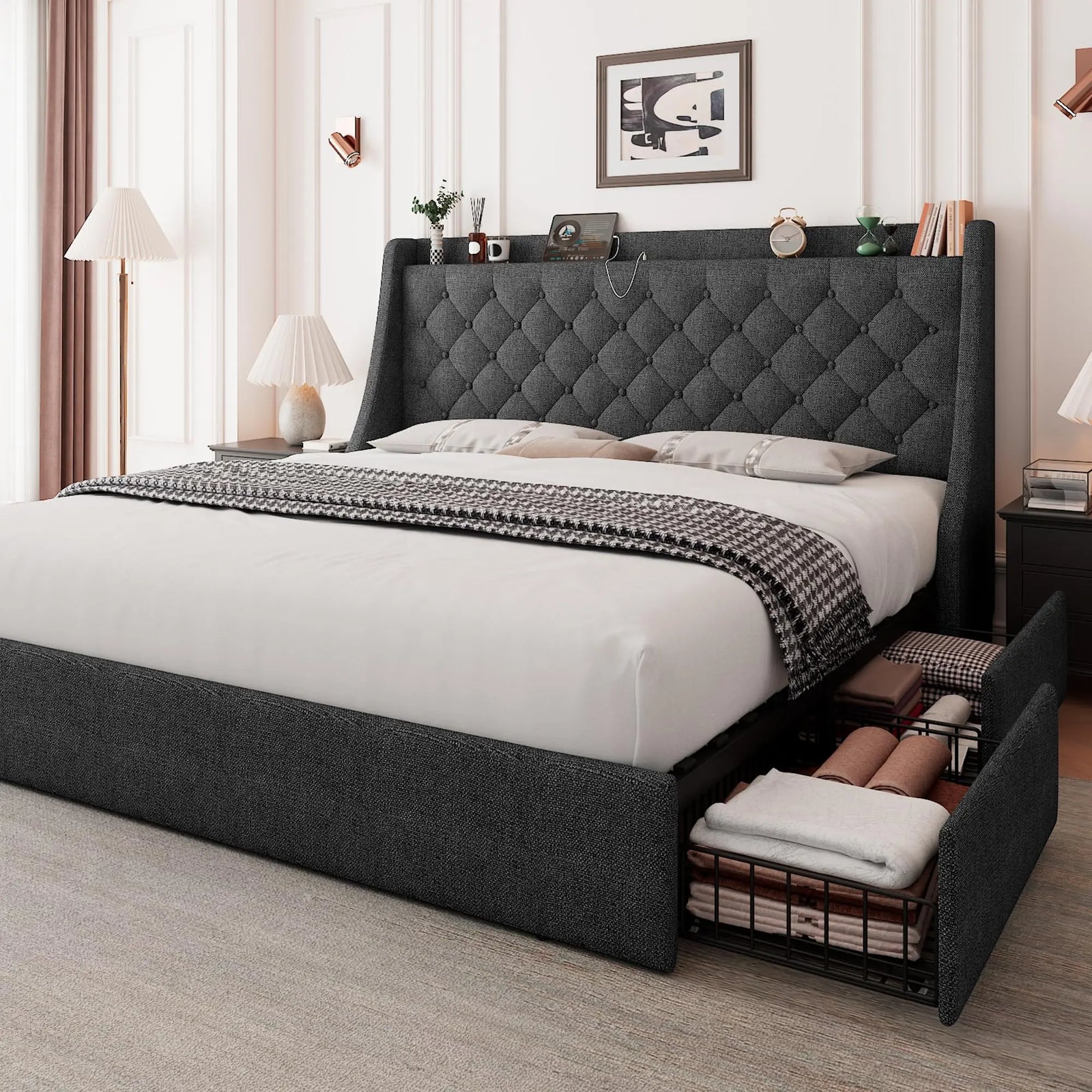 Feonase Queen Bed Frame with 4 Storage Drawers, Upholstered Storage Bed with Charging Station, Tufted Wingback Headboard, No Box Spring Needed, Dark Grey 