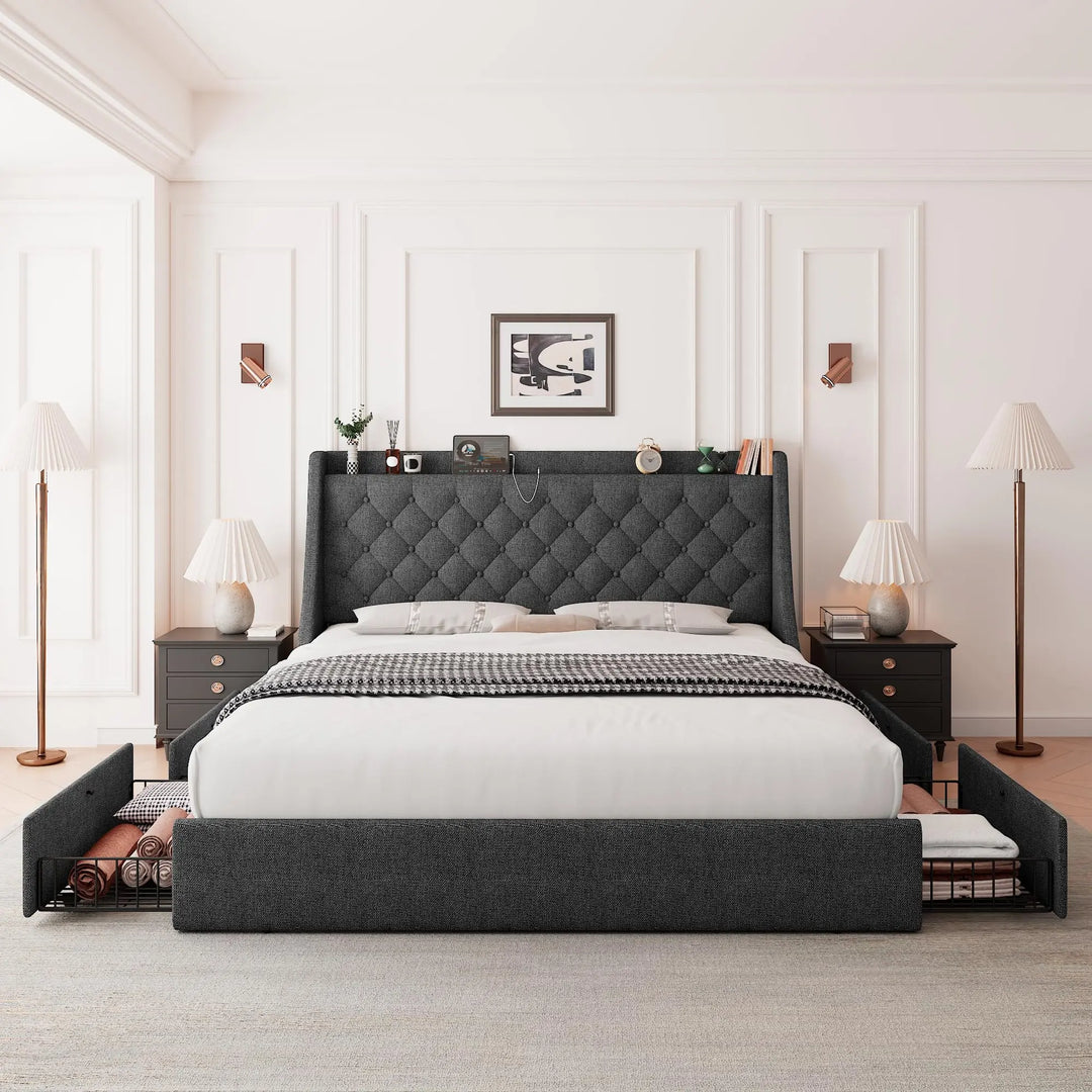 Feonase Queen Bed Frame with 4 Storage Drawers, Upholstered Storage Bed with Charging Station, Tufted Wingback Headboard, No Box Spring Needed, Dark Grey 