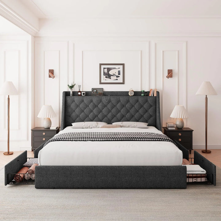 Feonase Queen Bed Frame with 4 Storage Drawers, Upholstered Storage Bed with Charging Station, Tufted Wingback Headboard, No Box Spring Needed, Dark Grey 
