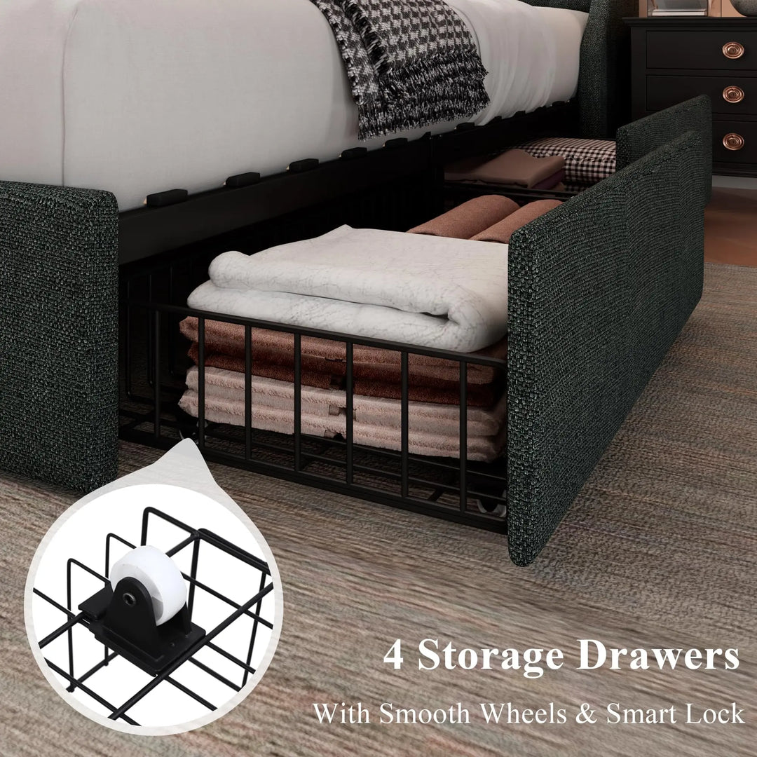 Feonase Queen Bed Frame with 4 Storage Drawers, Upholstered Storage Bed with Charging Station, Tufted Wingback Headboard, No Box Spring Needed, Dark Grey 