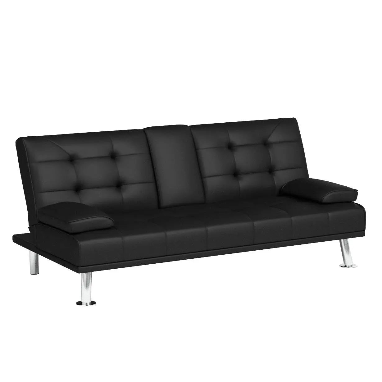 Flamaker Futon with 2 Cup Holders, Removable Armrests, PU Leather - Black 