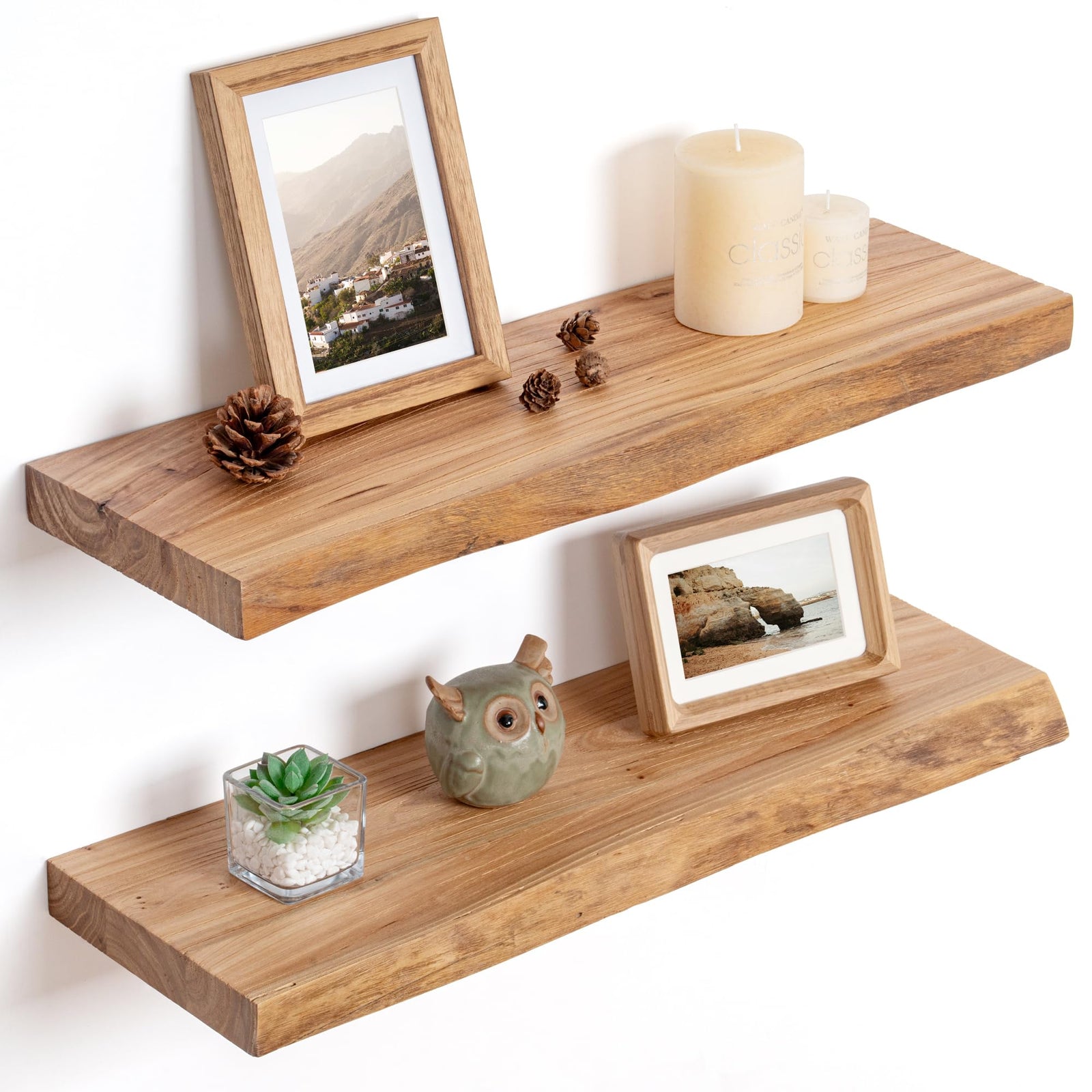 Floating Shelves for Wall Decor, Rustic Solid Elm Wood Live Edge Floating Shelves Wall Mounted, Wall Shelves with Invisible Bracket for Living Room Bathroom Bedroom Kitchen, 24 Inch Set of 2, Natural 