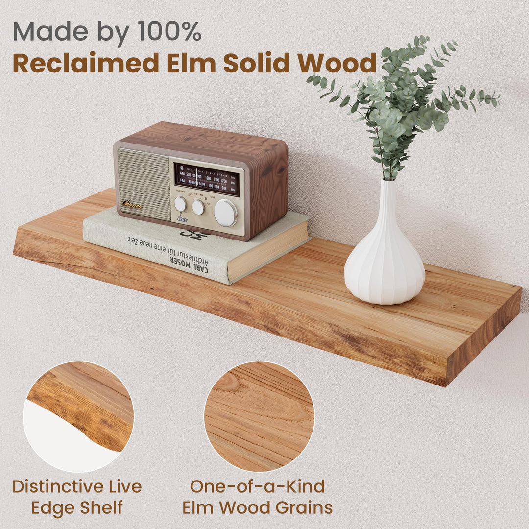 Floating Shelves for Wall Decor, Rustic Solid Elm Wood Live Edge Floating Shelves Wall Mounted, Wall Shelves with Invisible Bracket for Living Room Bathroom Bedroom Kitchen, 24 Inch Set of 2, Natural 