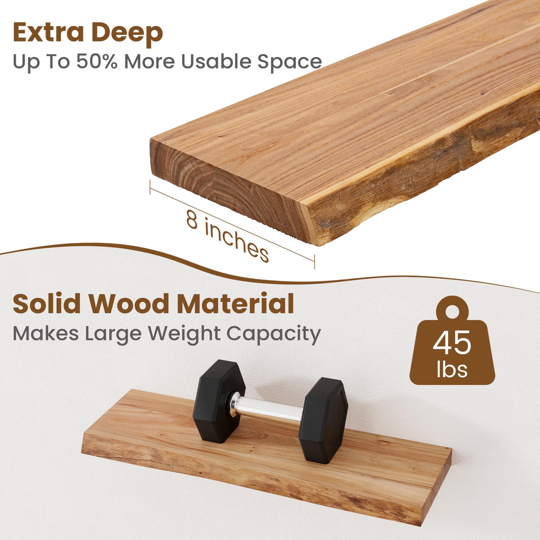 Floating Shelves for Wall Decor, Rustic Solid Elm Wood Live Edge Floating Shelves Wall Mounted, Wall Shelves with Invisible Bracket for Living Room Bathroom Bedroom Kitchen, 24 Inch Set of 2, Natural 