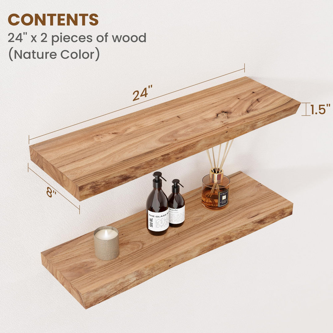 Floating Shelves for Wall Decor, Rustic Solid Elm Wood Live Edge Floating Shelves Wall Mounted, Wall Shelves with Invisible Bracket for Living Room Bathroom Bedroom Kitchen, 24 Inch Set of 2, Natural 