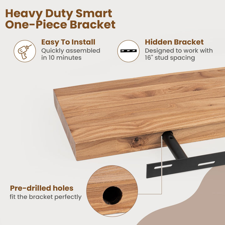 Floating Shelves for Wall Decor, Rustic Solid Elm Wood Live Edge Floating Shelves Wall Mounted, Wall Shelves with Invisible Bracket for Living Room Bathroom Bedroom Kitchen, 24 Inch Set of 2, Natural 