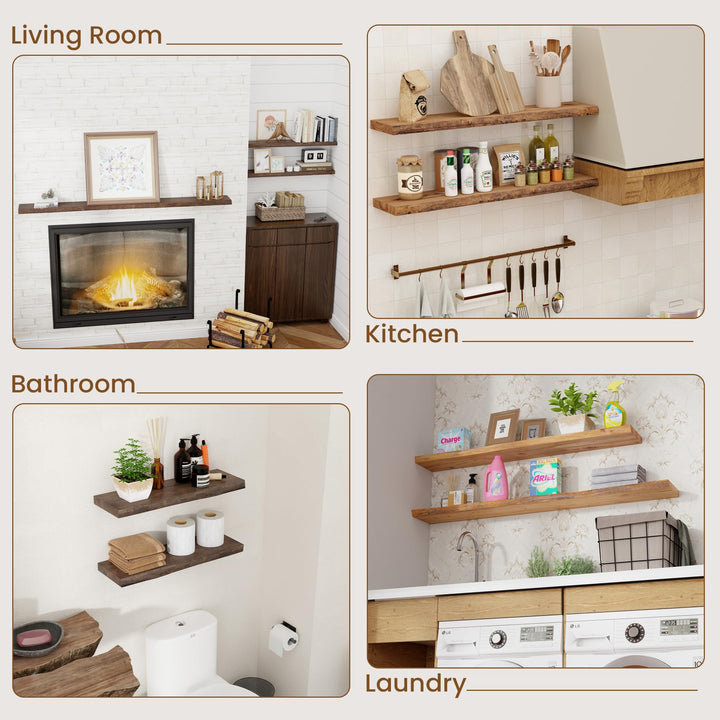 Floating Shelves for Wall Decor, Rustic Solid Elm Wood Live Edge Floating Shelves Wall Mounted, Wall Shelves with Invisible Bracket for Living Room Bathroom Bedroom Kitchen, 24 Inch Set of 2, Natural 