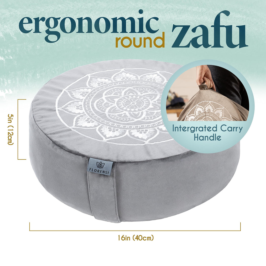 Florensi Meditation Cushion Grey Velvet Buckwheat Round Yoga Floor Seat 