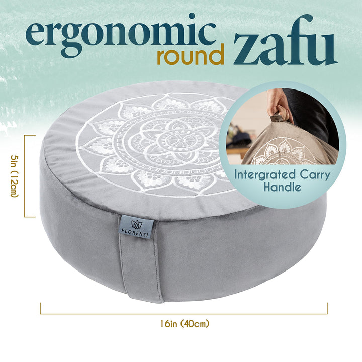 Florensi Meditation Cushion Grey Velvet Buckwheat Round Yoga Floor Seat 