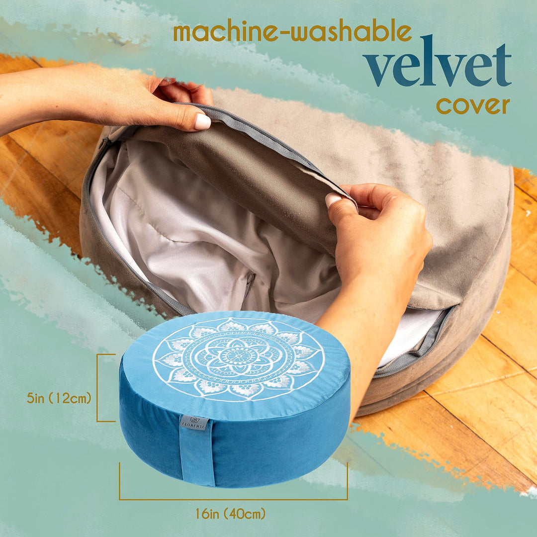 Florensi Meditation Cushion Grey Velvet Buckwheat Round Yoga Floor Seat 