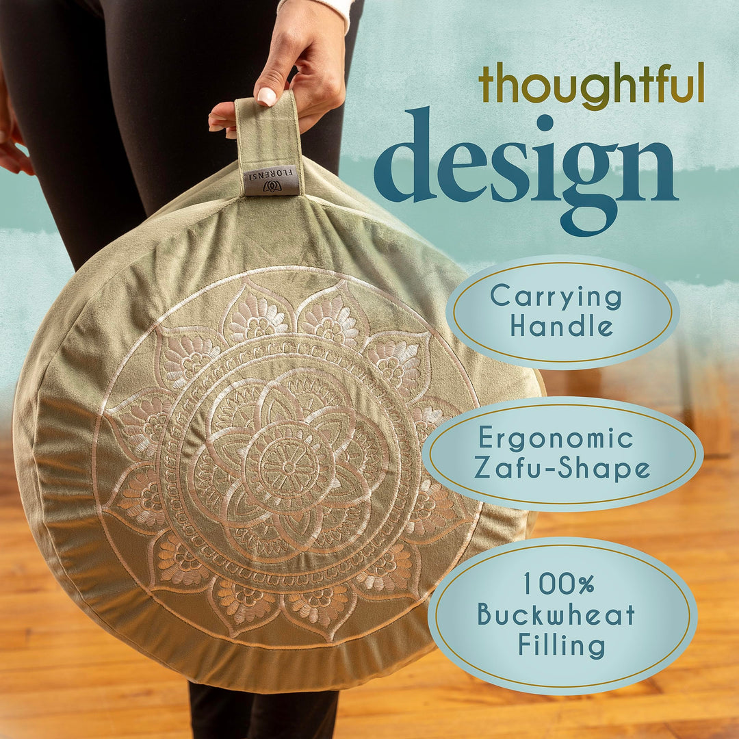 Florensi Meditation Cushion Grey Velvet Buckwheat Round Yoga Floor Seat 