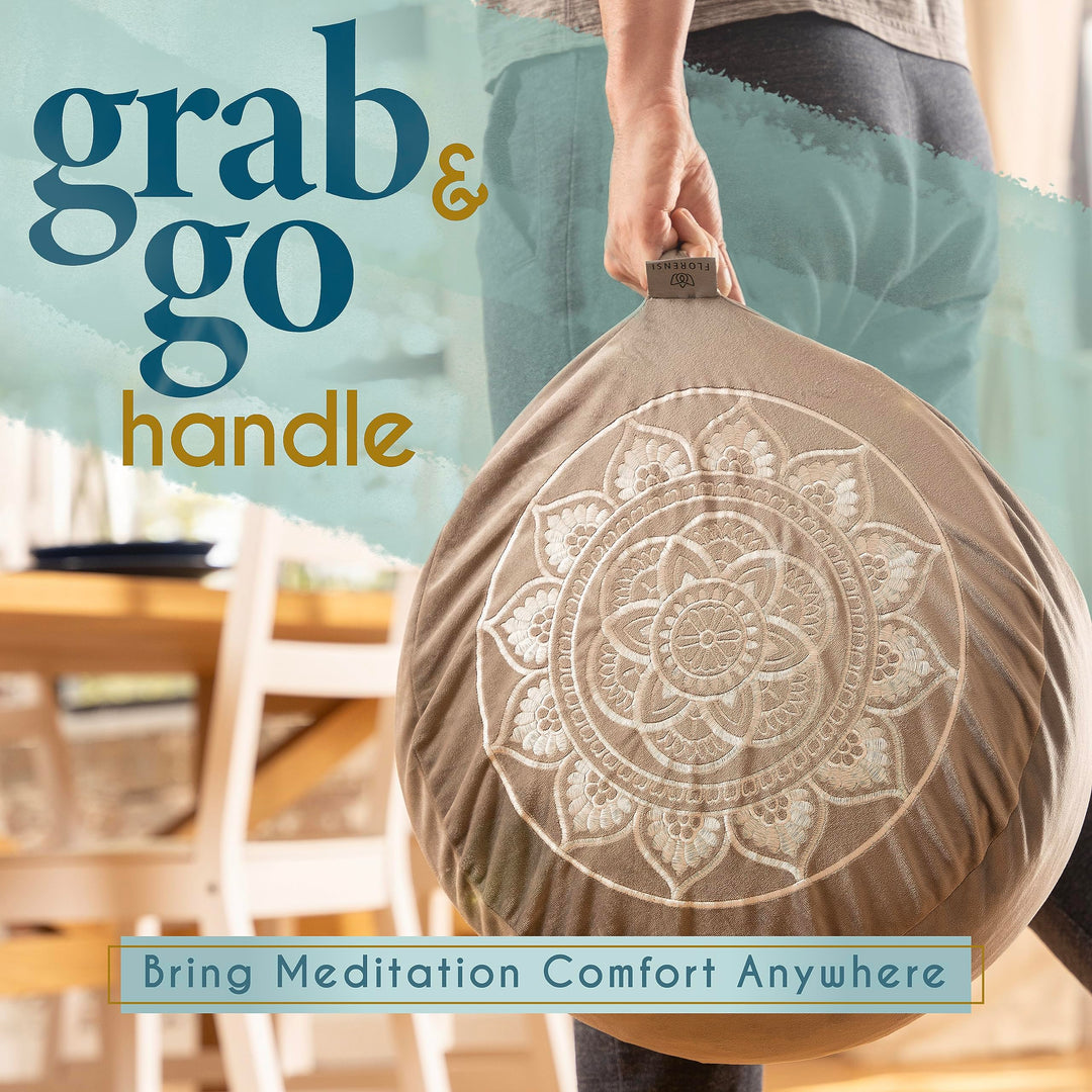 Florensi Meditation Cushion Grey Velvet Buckwheat Round Yoga Floor Seat 