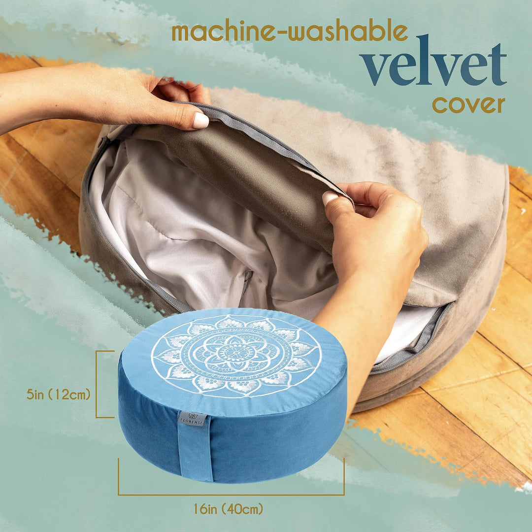 Florensi Meditation Cushion Grey Velvet Buckwheat Round Yoga Floor Seat 