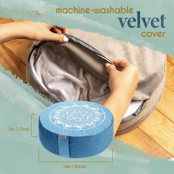 Florensi Meditation Cushion Grey Velvet Buckwheat Round Yoga Floor Seat 