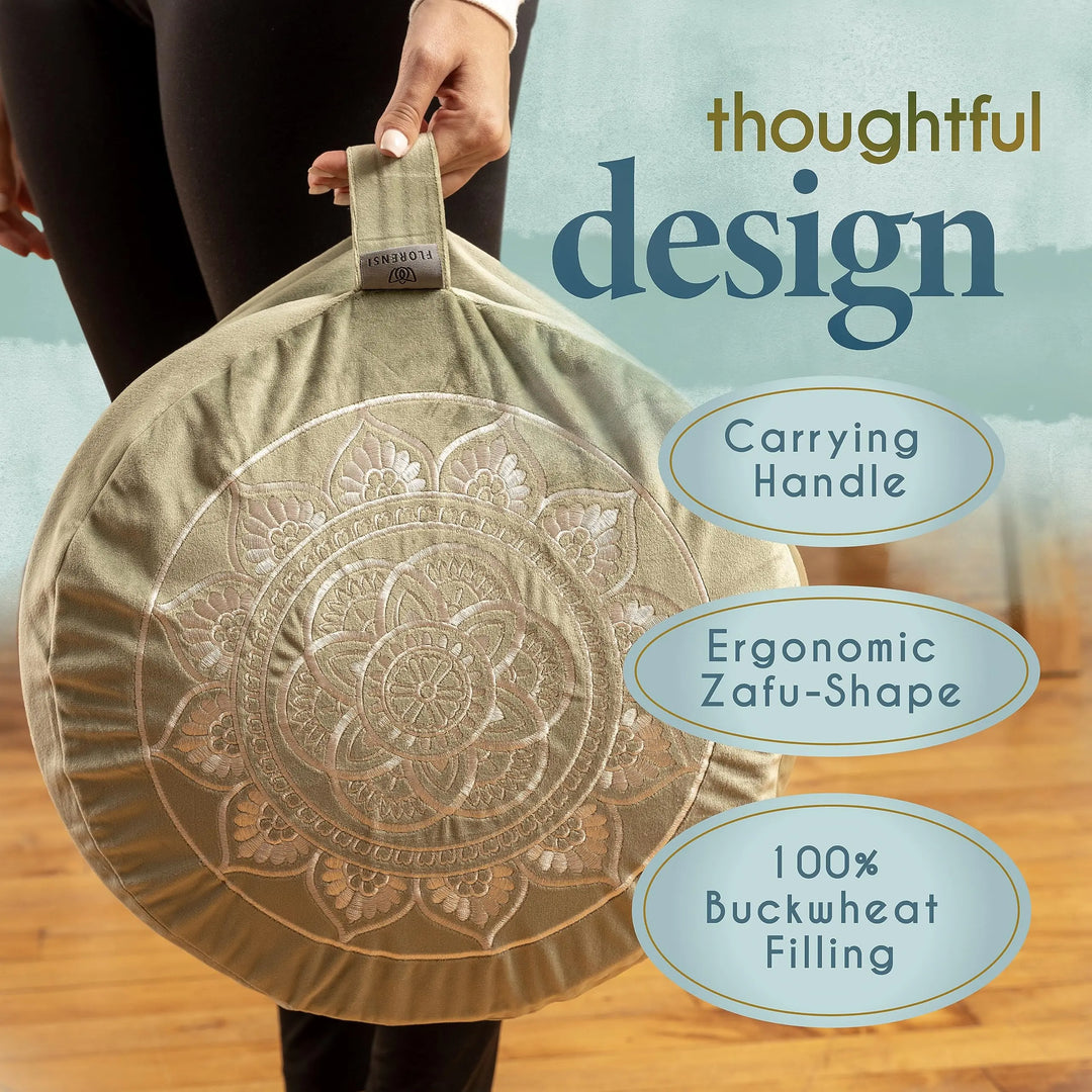 Florensi Meditation Cushion Grey Velvet Buckwheat Round Yoga Floor Seat 