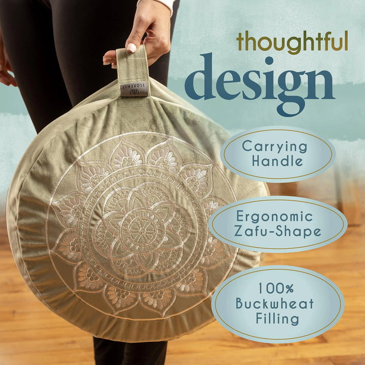 Florensi Meditation Cushion Grey Velvet Buckwheat Round Yoga Floor Seat 