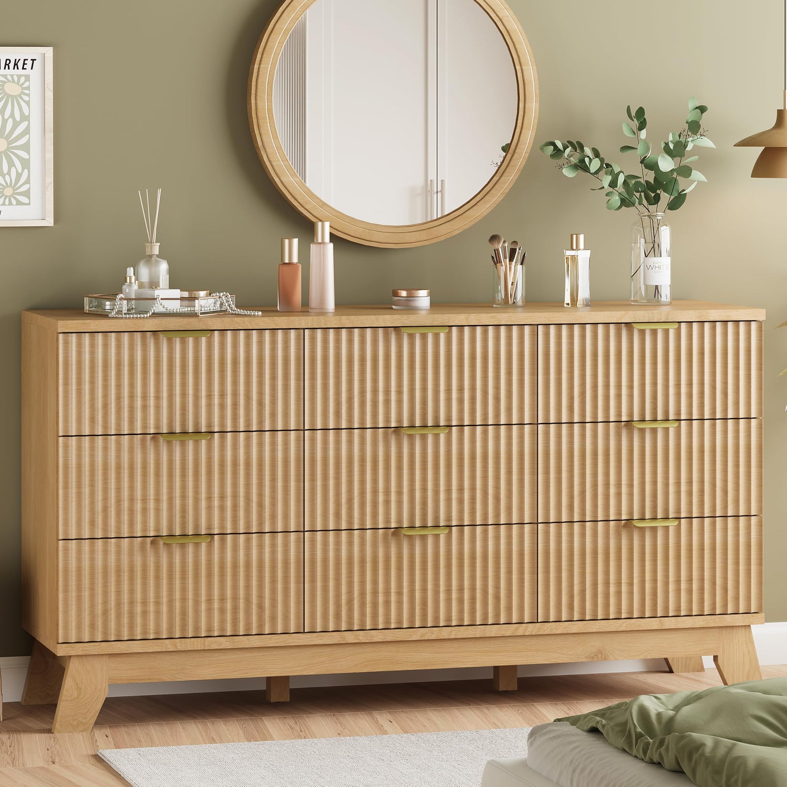 Fluted Dresser for Bedroom with 9 Drawers, 57" Wide Modern Chest of Drawers with Metal Handle, Wooden Dresser TV Stand, Wood Closet Clothes Storage Organizer for Living Room, Hallway, Natural Oak 