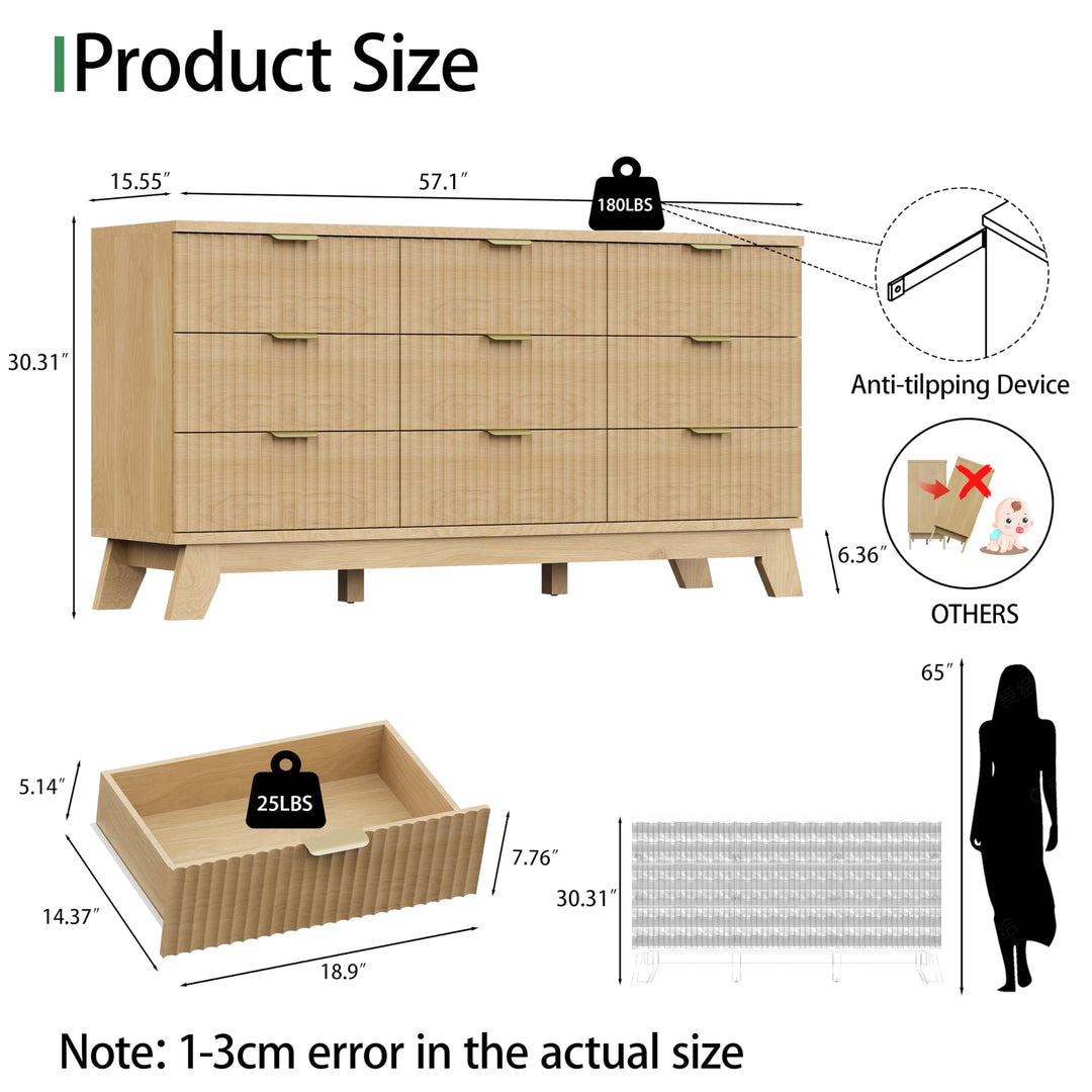 Fluted Dresser for Bedroom with 9 Drawers, 57" Wide Modern Chest of Drawers with Metal Handle, Wooden Dresser TV Stand, Wood Closet Clothes Storage Organizer for Living Room, Hallway, Natural Oak 