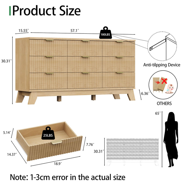 Fluted Dresser for Bedroom with 9 Drawers, 57" Wide Modern Chest of Drawers with Metal Handle, Wooden Dresser TV Stand, Wood Closet Clothes Storage Organizer for Living Room, Hallway, Natural Oak 
