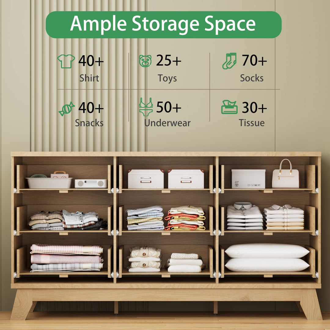 Fluted Dresser for Bedroom with 9 Drawers, 57" Wide Modern Chest of Drawers with Metal Handle, Wooden Dresser TV Stand, Wood Closet Clothes Storage Organizer for Living Room, Hallway, Natural Oak 