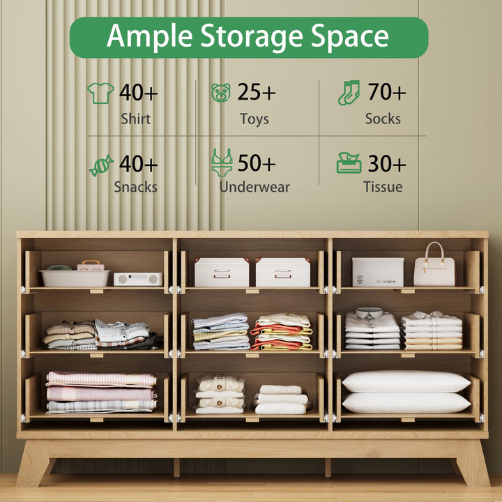 Fluted Dresser for Bedroom with 9 Drawers, 57" Wide Modern Chest of Drawers with Metal Handle, Wooden Dresser TV Stand, Wood Closet Clothes Storage Organizer for Living Room, Hallway, Natural Oak 