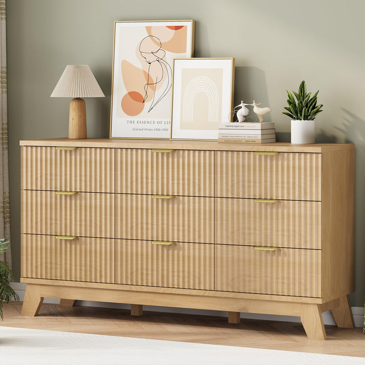 Fluted Dresser for Bedroom with 9 Drawers, 57" Wide Modern Chest of Drawers with Metal Handle, Wooden Dresser TV Stand, Wood Closet Clothes Storage Organizer for Living Room, Hallway, Natural Oak 