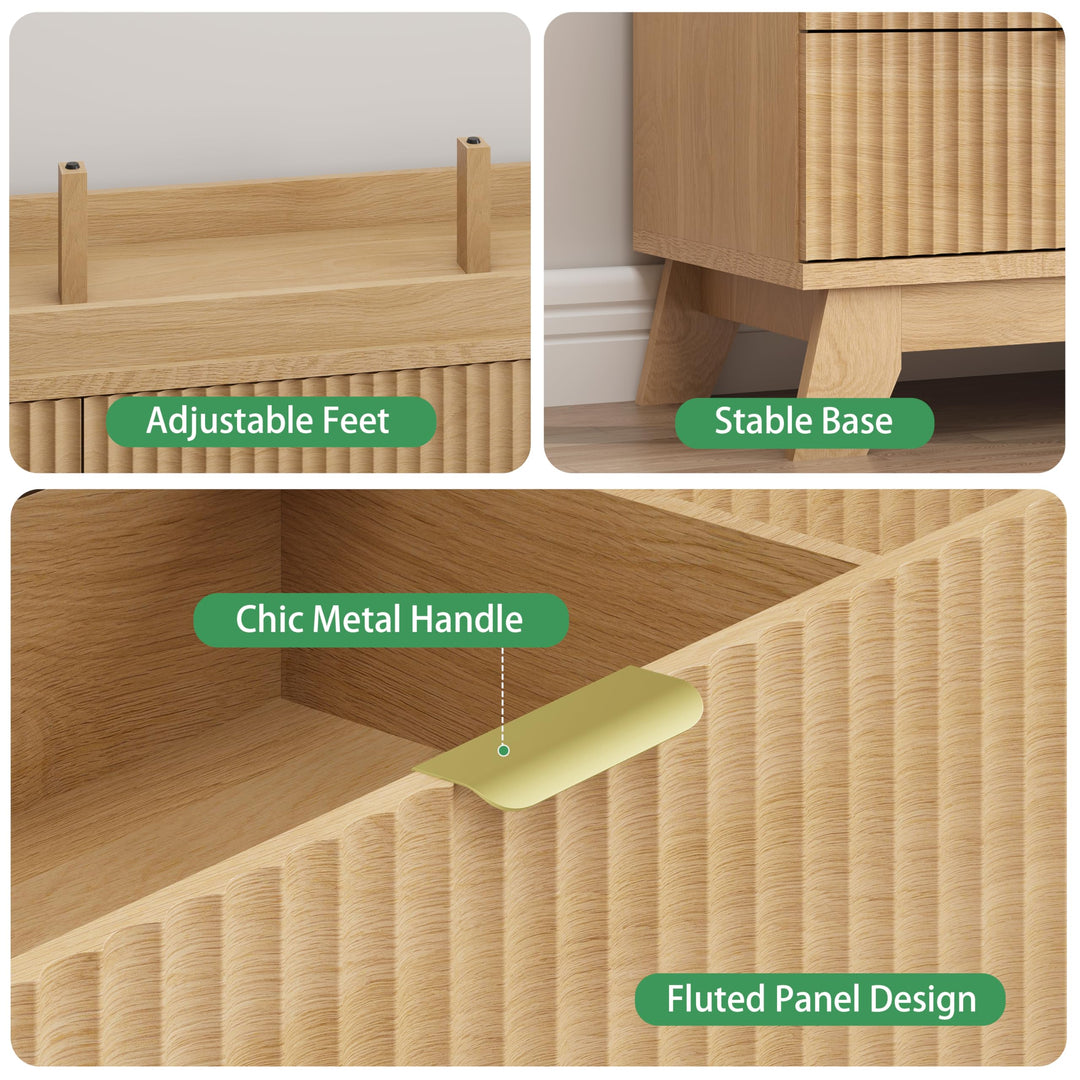 Fluted Dresser for Bedroom with 9 Drawers, 57" Wide Modern Chest of Drawers with Metal Handle, Wooden Dresser TV Stand, Wood Closet Clothes Storage Organizer for Living Room, Hallway, Natural Oak 