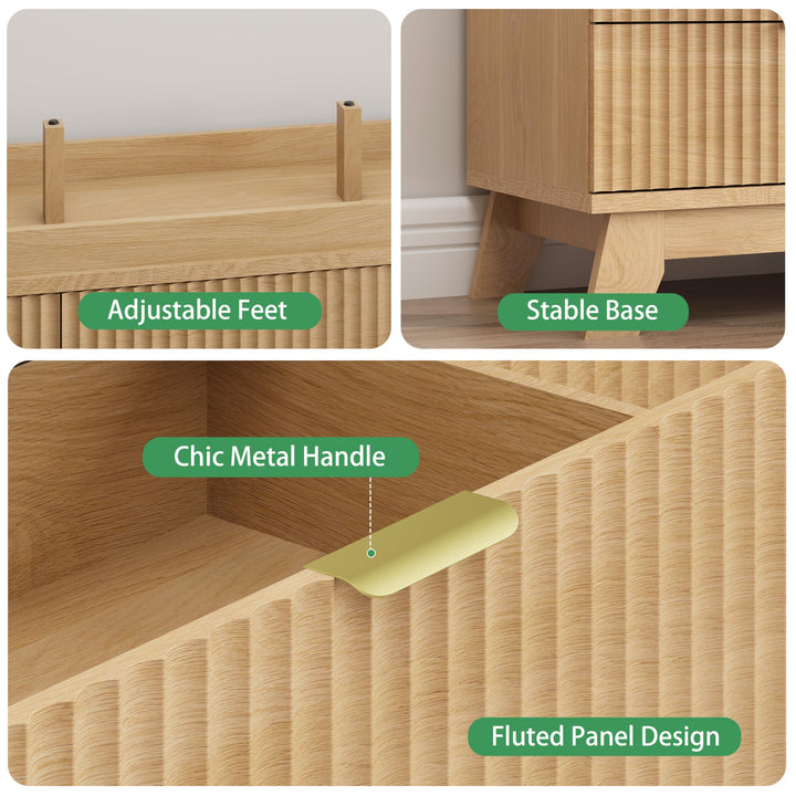 Fluted Dresser for Bedroom with 9 Drawers, 57" Wide Modern Chest of Drawers with Metal Handle, Wooden Dresser TV Stand, Wood Closet Clothes Storage Organizer for Living Room, Hallway, Natural Oak 
