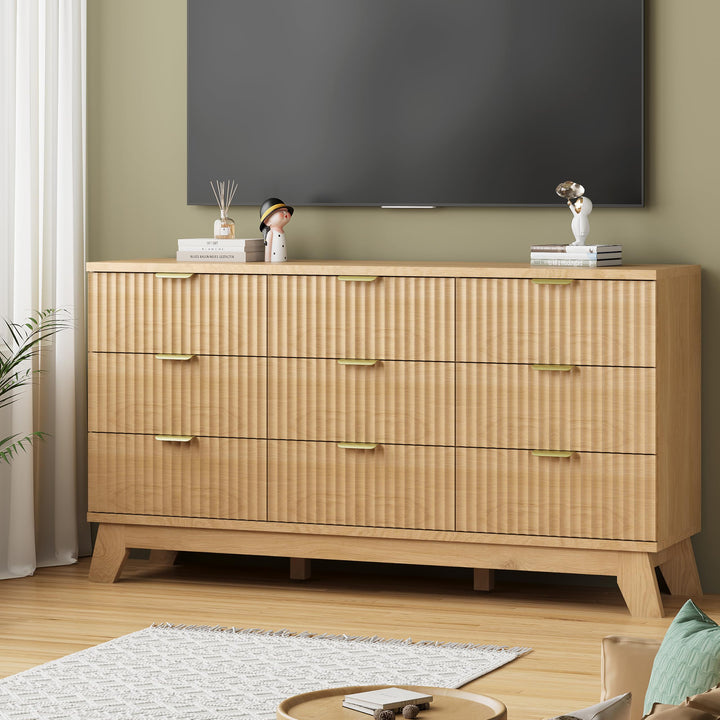 Fluted Dresser for Bedroom with 9 Drawers, 57" Wide Modern Chest of Drawers with Metal Handle, Wooden Dresser TV Stand, Wood Closet Clothes Storage Organizer for Living Room, Hallway, Natural Oak 