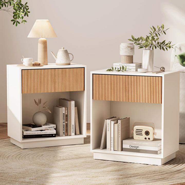 Fluted Nightstands Set of 2, Modern Bedside Table with Drawer and Storage Shelf, Wood End Table Mid Century Night Stands for Bedroom Living Room Sofa Couch Office (White+Oak) 