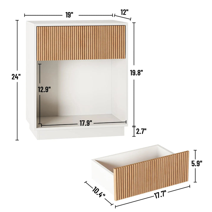 Fluted Nightstands Set of 2, Modern Bedside Table with Drawer and Storage Shelf, Wood End Table Mid Century Night Stands for Bedroom Living Room Sofa Couch Office (White+Oak)