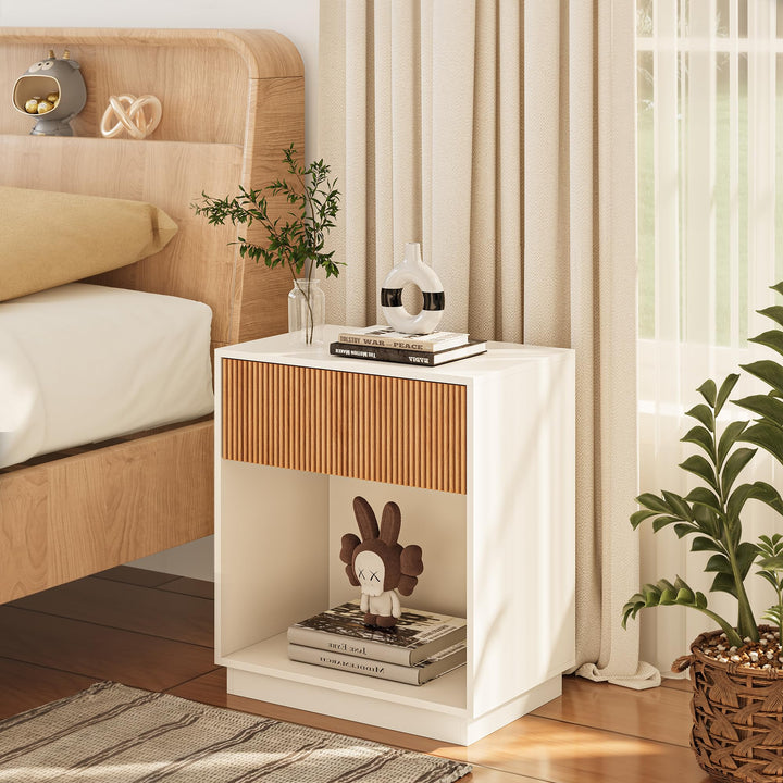 Fluted Nightstands Set of 2, Modern Bedside Table with Drawer and Storage Shelf, Wood End Table Mid Century Night Stands for Bedroom Living Room Sofa Couch Office (White+Oak) 