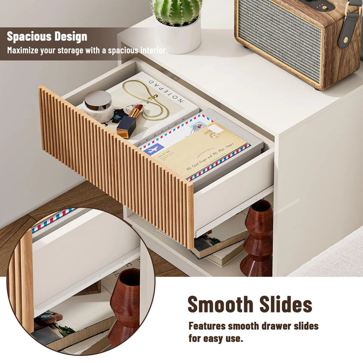 Fluted Nightstands Set of 2, Modern Bedside Table with Drawer and Storage Shelf, Wood End Table Mid Century Night Stands for Bedroom Living Room Sofa Couch Office (White+Oak)