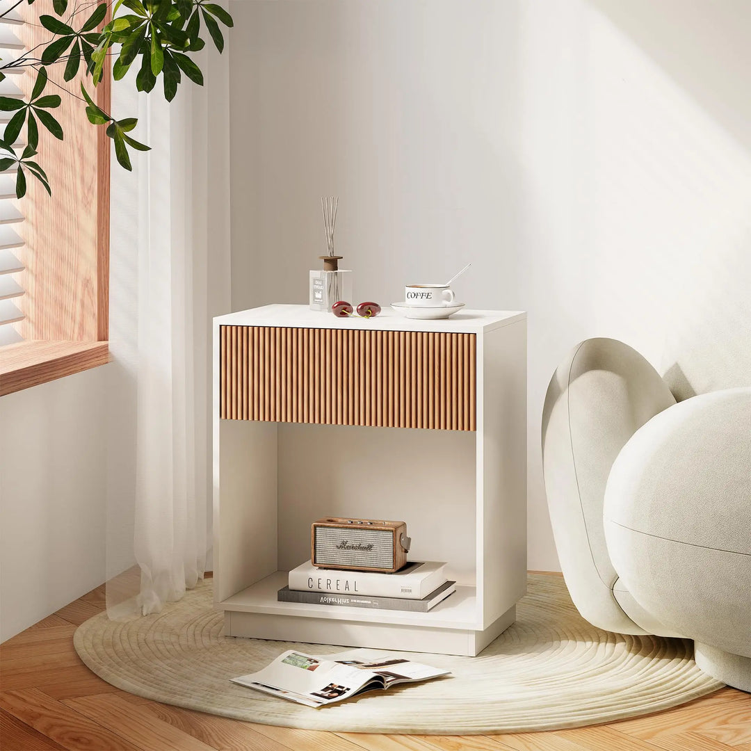 Fluted Nightstands Set of 2, Modern Bedside Table with Drawer and Storage Shelf, Wood End Table Mid Century Night Stands for Bedroom Living Room Sofa Couch Office (White+Oak)