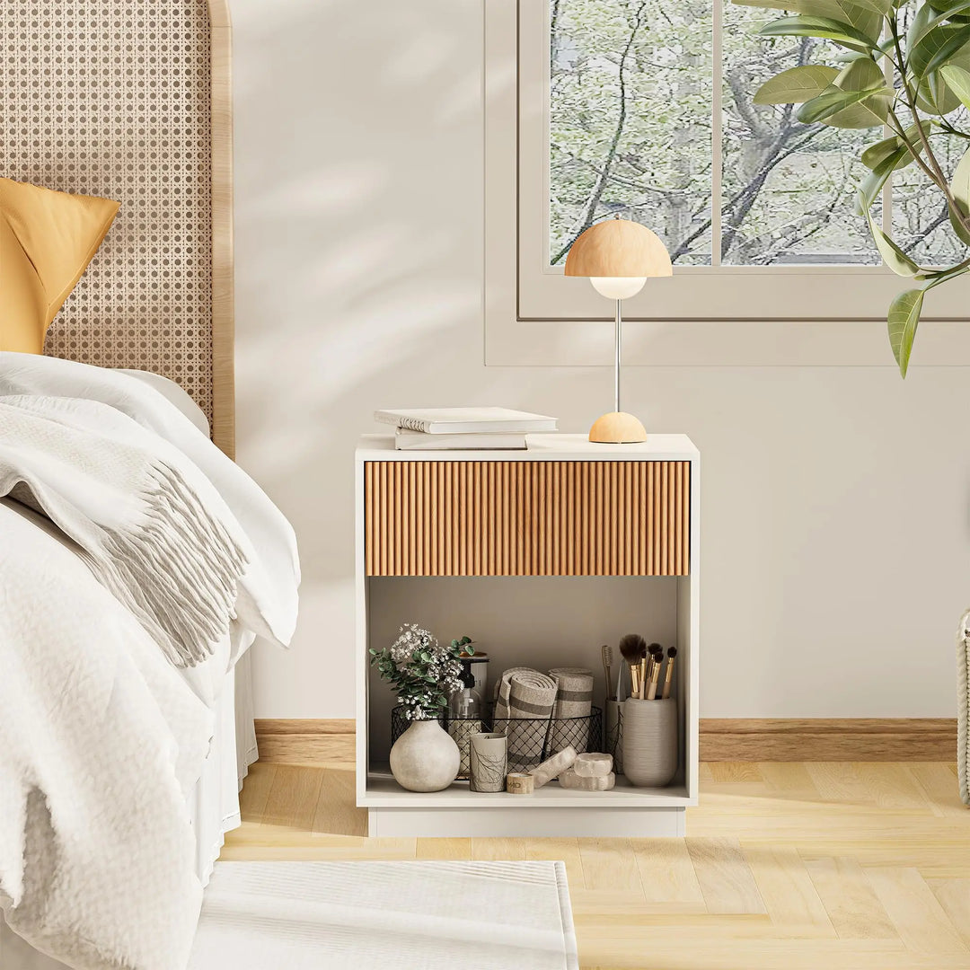 Fluted Nightstands Set of 2, Modern Bedside Table with Drawer and Storage Shelf, Wood End Table Mid Century Night Stands for Bedroom Living Room Sofa Couch Office (White+Oak)