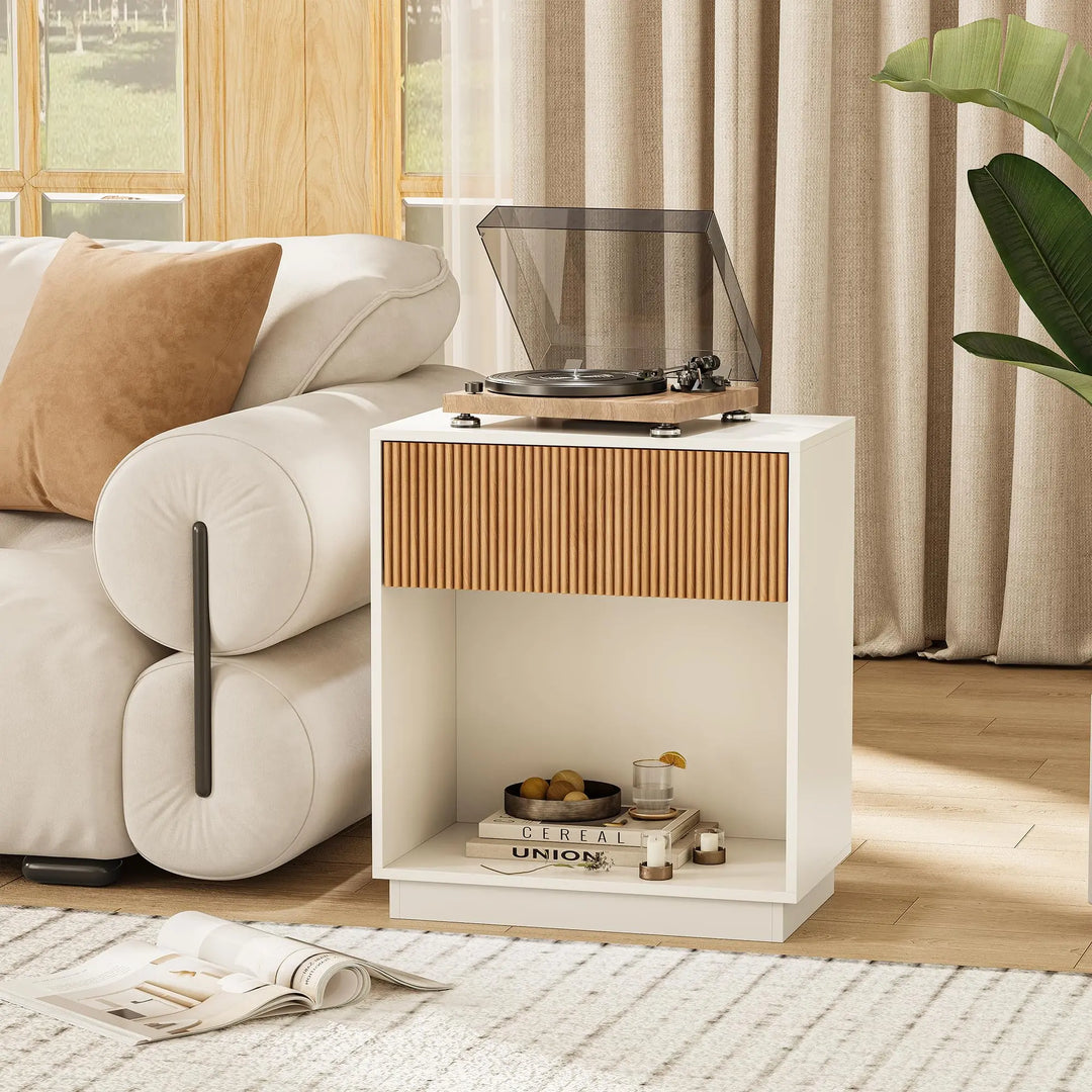 Fluted Nightstands Set of 2, Modern Bedside Table with Drawer and Storage Shelf, Wood End Table Mid Century Night Stands for Bedroom Living Room Sofa Couch Office (White+Oak)