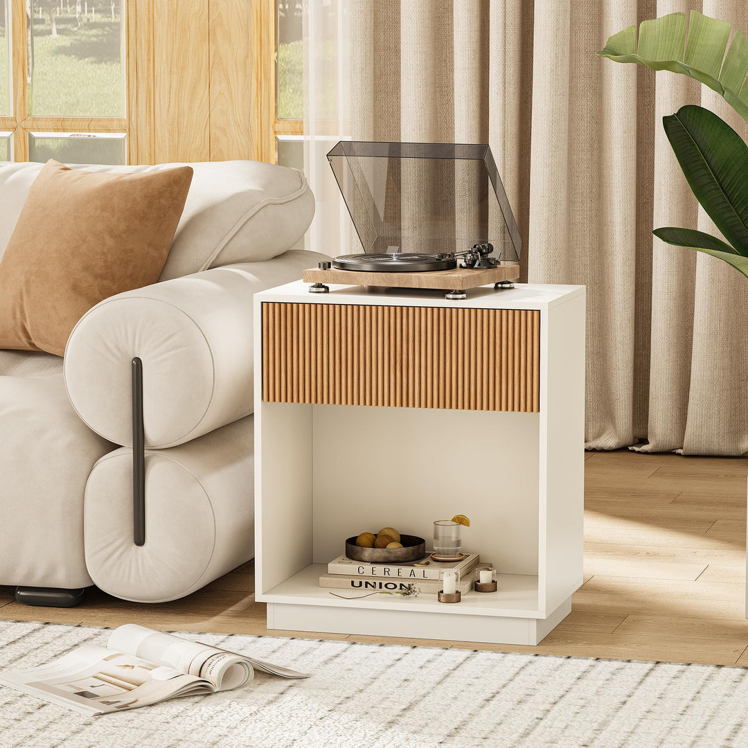 Fluted Nightstands Set of 2, Modern Bedside Table with Drawer and Storage Shelf, Wood End Table Mid Century Night Stands for Bedroom Living Room Sofa Couch Office (White+Oak) 