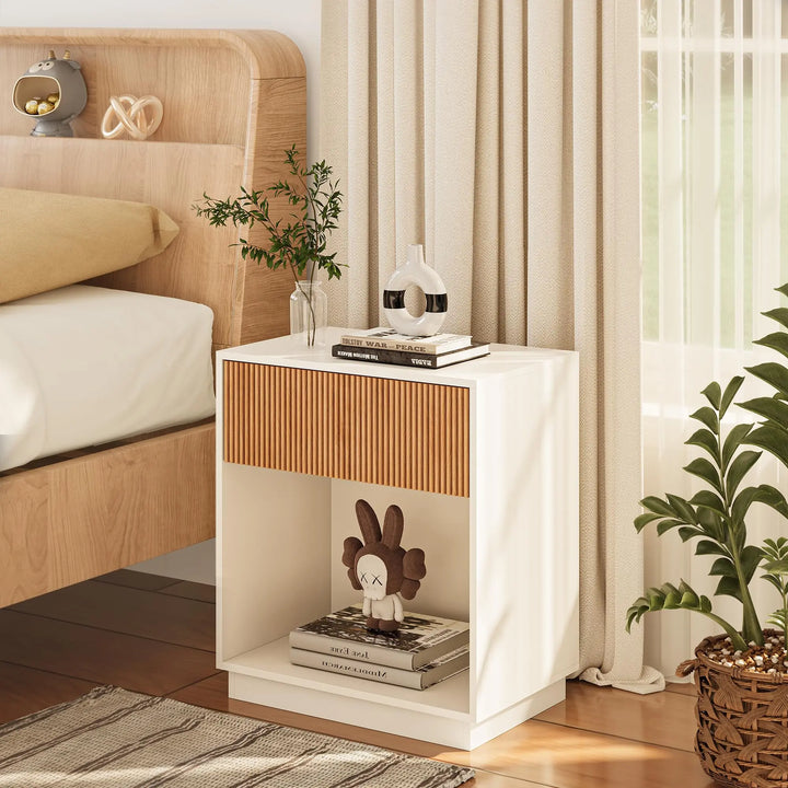 Fluted Nightstands Set of 2, Modern Bedside Table with Drawer and Storage Shelf, Wood End Table Mid Century Night Stands for Bedroom Living Room Sofa Couch Office (White+Oak) 