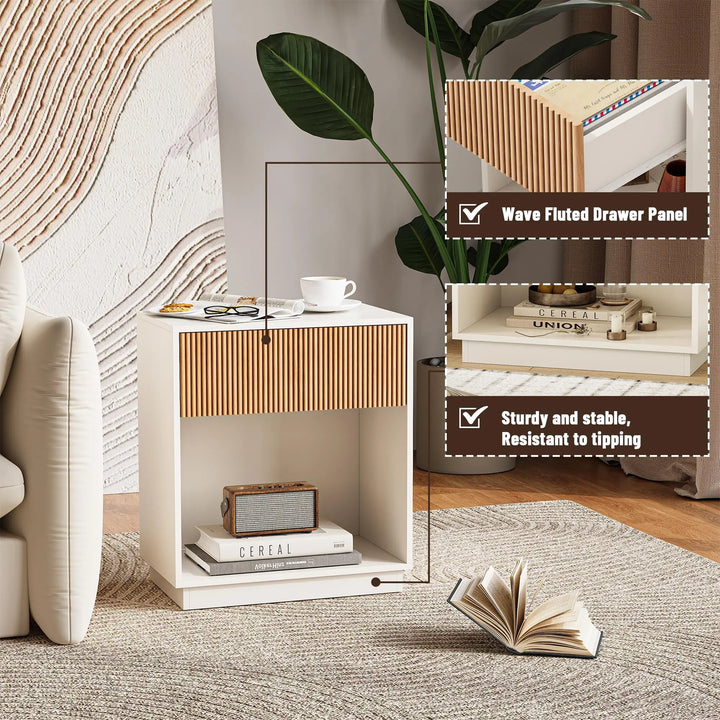 Fluted Nightstands Set of 2, Modern Bedside Table with Drawer and Storage Shelf, Wood End Table Mid Century Night Stands for Bedroom Living Room Sofa Couch Office (White+Oak) 