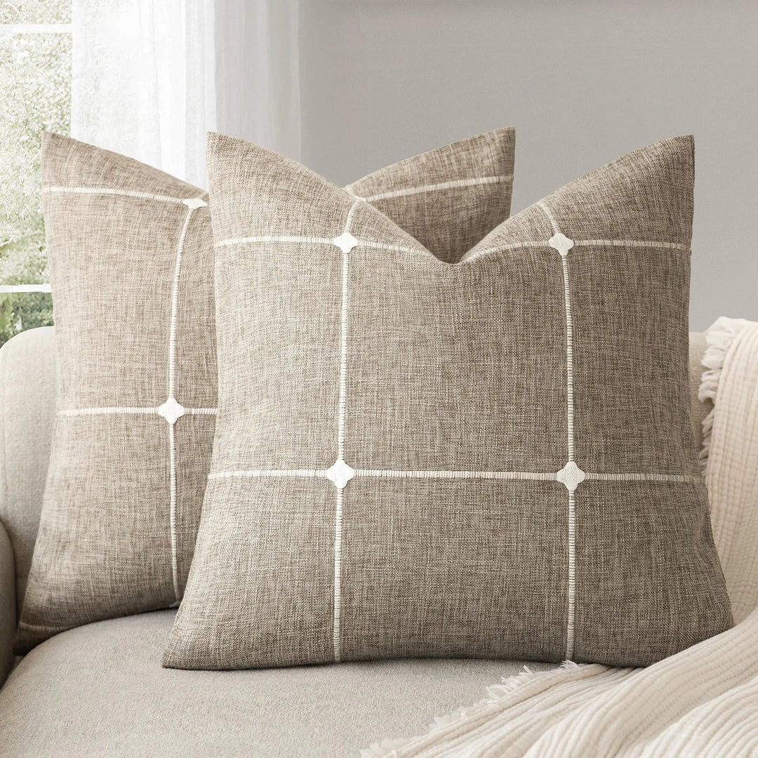 Foindtower Pack of 2 Faux Linen Jacquard Check Throw Pillow Covers, 18x18 Inch, Oatmeal