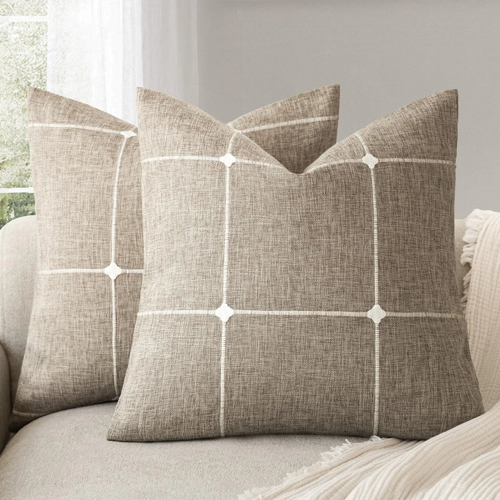 Foindtower Pack of 2 Faux Linen Jacquard Check Throw Pillow Covers, 18x18 Inch, Oatmeal