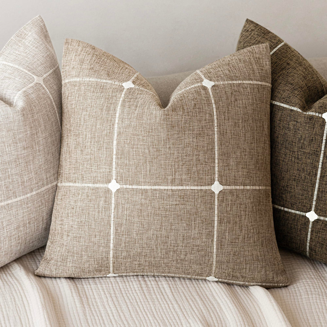 Foindtower Pack of 2 Faux Linen Jacquard Check Throw Pillow Covers, 18x18 Inch, Oatmeal