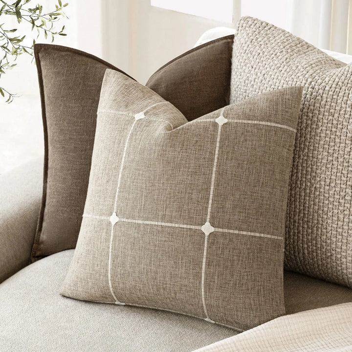 Foindtower Pack of 2 Faux Linen Jacquard Check Throw Pillow Covers, 18x18 Inch, Oatmeal
