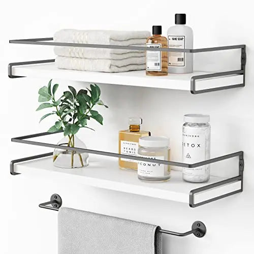 Forbena White Floating Shelves for Bathroom Organizer Over Toilet, Bathroom Shelves Wall Mounted with Towel Rack, Corner Wall Shelf for Bedroom Decor Kitchen Storage (White-Dark Grey, Set of 2) 