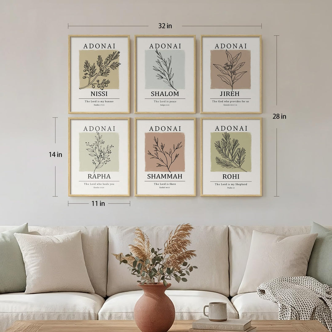 Framed Christian Bible Verse Neutral Wall Art, Minimalist Scripture Religious Canvas Prints, Faith Names of God Boho Botanical Leaf Artwork for Bedroom Living Room Office Hallway Wall Decor, 11x14 In 