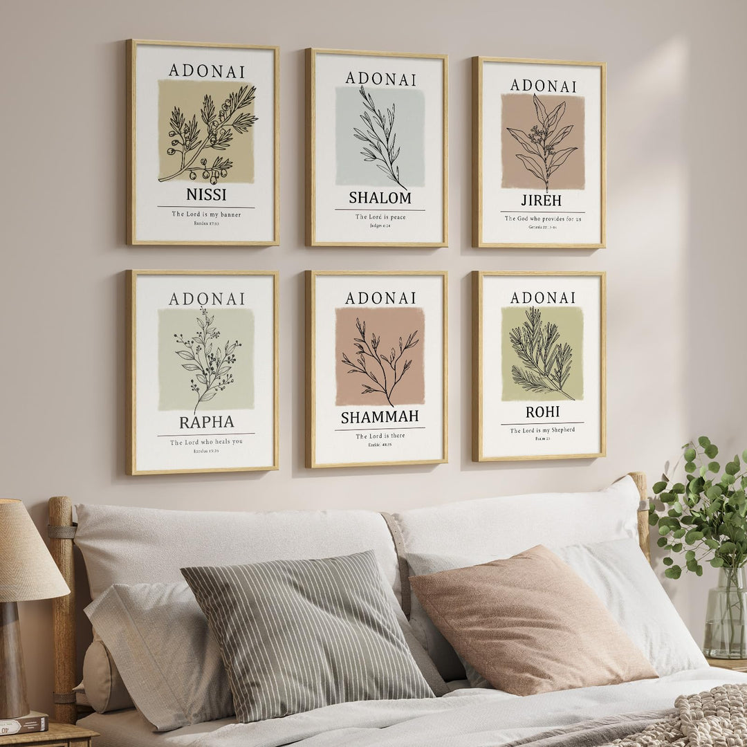Framed Christian Bible Verse Neutral Wall Art, Minimalist Scripture Religious Canvas Prints, Faith Names of God Boho Botanical Leaf Artwork for Bedroom Living Room Office Hallway Wall Decor, 11x14 In 