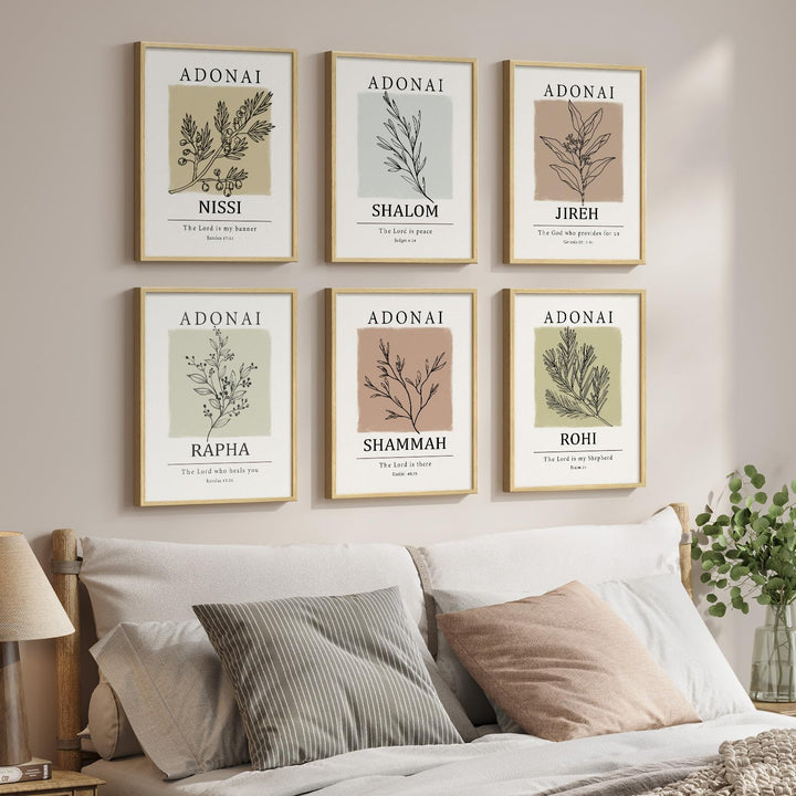 Framed Christian Bible Verse Neutral Wall Art, Minimalist Scripture Religious Canvas Prints, Faith Names of God Boho Botanical Leaf Artwork for Bedroom Living Room Office Hallway Wall Decor, 11x14 In 