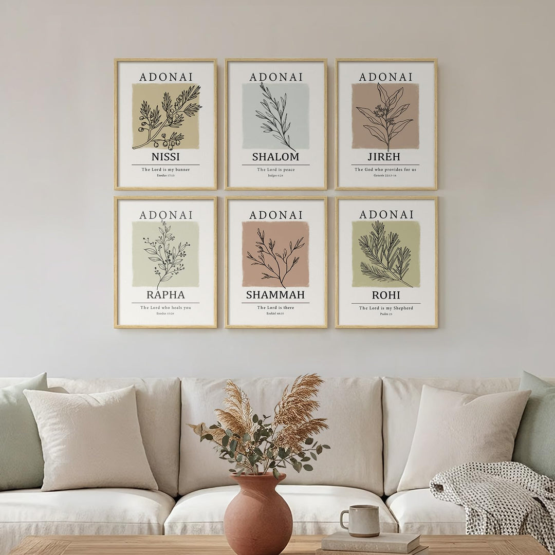Framed Christian Bible Verse Neutral Wall Art, Minimalist Scripture Religious Canvas Prints, Faith Names of God Boho Botanical Leaf Artwork for Bedroom Living Room Office Hallway Wall Decor, 11x14 In 