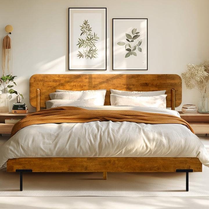 Frida Queen Bed Frame with Tall Headboard, Solid Wood Platform Bed Caramel, Quick &amp; Easy Assembly, No Box Spring Needed, Compatible with All Mattresses 